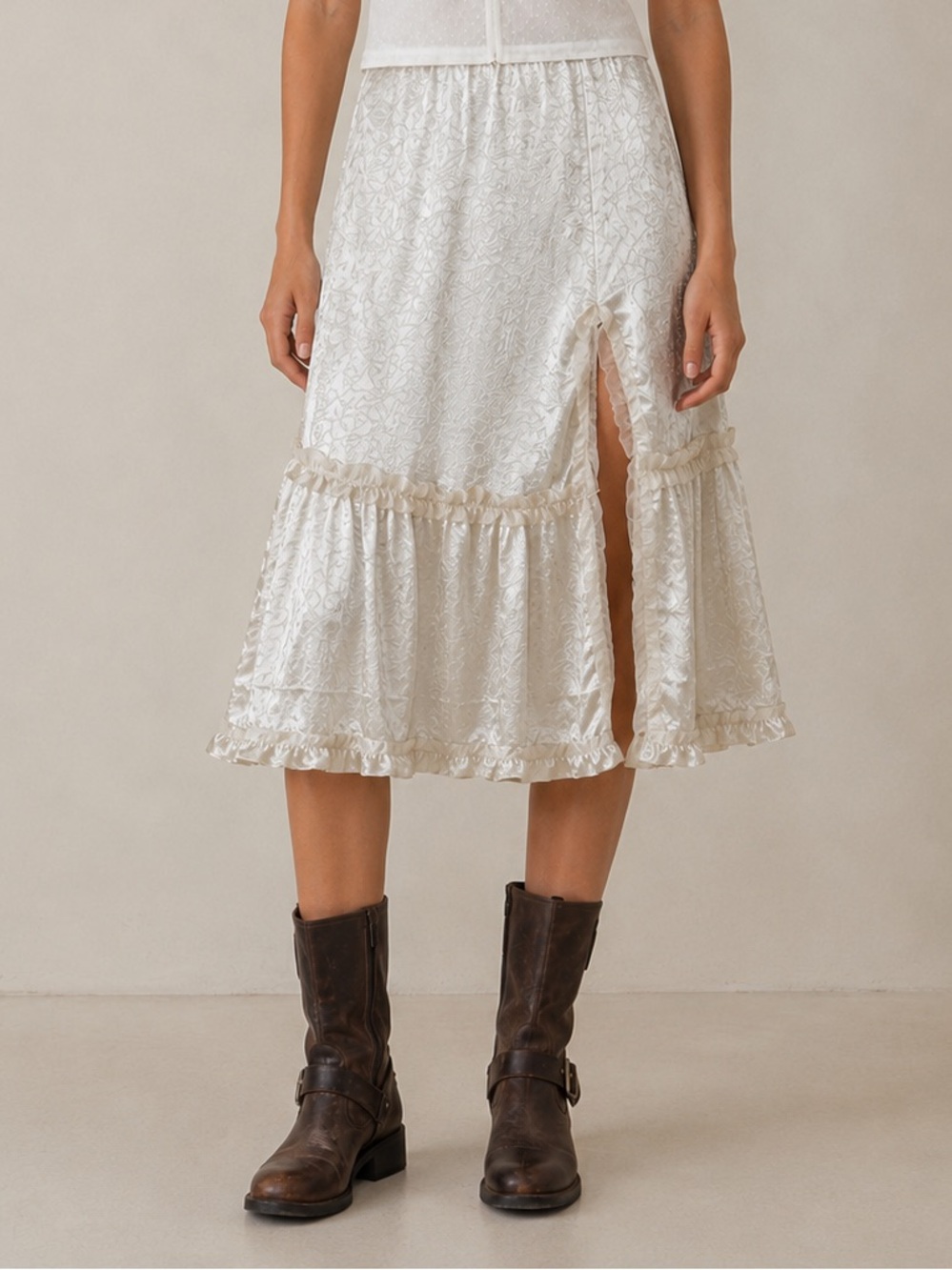 Urban Outfitters L Satin Midi Skirt Slit Ruffle Velour Fairy Grunge Whimsigoth - Picture 1 of 9